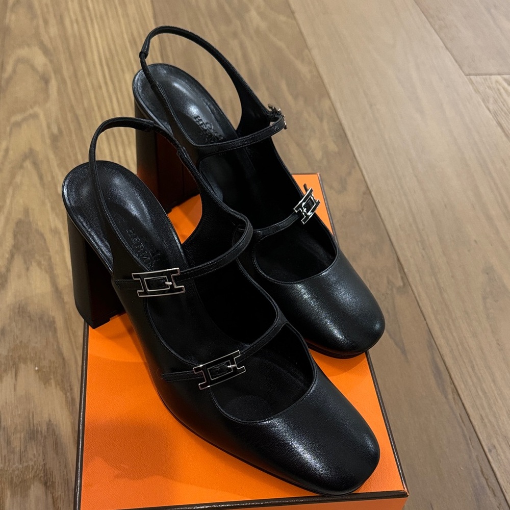 Hermes Jackie Black Slingback Heels